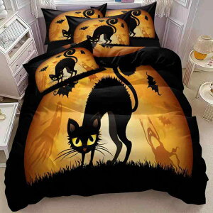布団カバー 磨毛加工 デジタルプリント ポリエステル 平織り ハロウィン 黒猫柄 かわいい 3点セット 枕カバー 寝室用