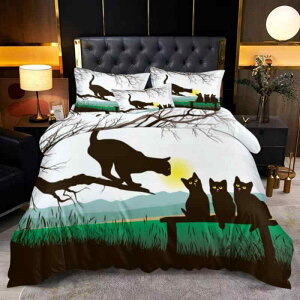 寝具セット デジタルプリント ピーチスキン加工 優しい肌触り 田園風 かわいい猫柄 掛け布団カバー 枕カバー 3点セット 合成繊維