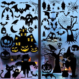 窓用ステッカー 静電吸着 貼ってはがせる おしゃれ ハロウィン ダーク ホラー カボチャ パンプキン スカル ドクロ ガラス リビングルーム 飾り 装飾 シール(x2)