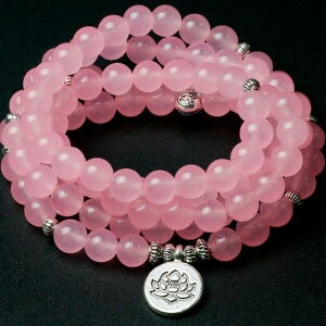 ブレスレット ユニセックス 男女兼用 手作り ローズクォーツ 天然石 パワーストーン 108玉 8mm メノウ 合金 蓮 ロータス オーム 目 アイ 福文字 仏教数珠 念珠 開運 お守り ネックレス ペンダン