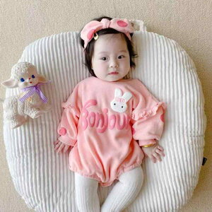 ロンパース ベビー 女の子 女児 赤ちゃん 秋冬用 冬 裏起毛 厚手 防寒 かわいい うさぎ ウサギ柄 カバーオール つなぎ パジャマ ルームウェア お出かけ着 韓国風 綿 コットン プルオーバー ピ