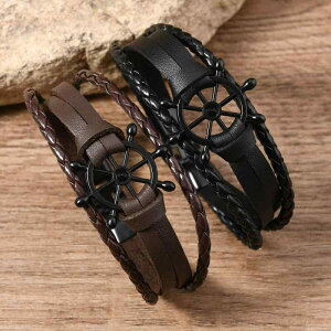 ブレスレット メンズ レディース レザー 革製 手編み 多重巻き ブラック 黒 ダークブラウン 操舵輪 チャーム レトロ ヴィンテージ 個性的 ファッション おしゃれ カジュアル ユニセックス