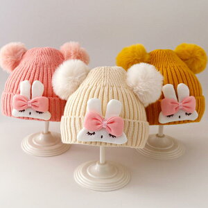 ニット帽 ベビー 赤ちゃん 男女兼用 防寒 保温 耳当て アクリル うさ耳 ボンボン かわいい 秋冬 0歳 1歳 2歳 新生児 幼児(x2)