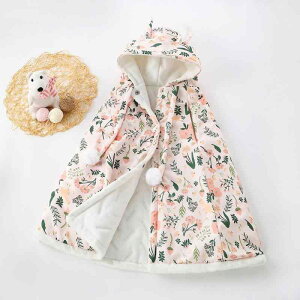 ベビー キッズ 男の子 女の子 防風 保温 厚手 フリース 裏ボア 綿 コットン お出かけ ケープ ポンチョ アウター コート おくるみ ブランケット 秋冬 花柄 水色 ピンク