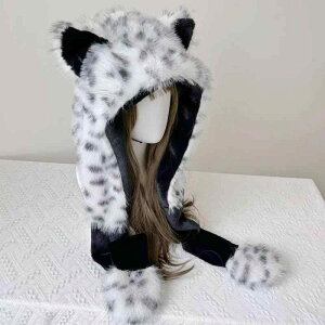 帽子 レディース 防寒 あったか もこもこ ファー マフラー一体型 耳あて Y2K キツネ耳 かわいい 雪ヒョウ柄 アニマル柄 秋冬 キャップ ハット