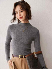 ニット レディース カシミヤ100% 薄手 リブ 半ハイネック 長袖 スリムフィット プルオーバー インナー 秋冬 通勤 無地 きれいめ セーター