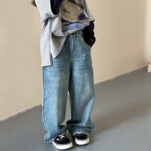 デニムパンツ 女の子 ガールズ ジュニア ゆったり ストレート ウエストゴム 綿素材 柔らかい 無地 中学生 通学用 カジュアル 韓国風 春秋 ロング丈 かわいい おしゃれ ブルー