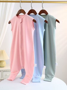 スリーパー ベビー 子供用 吸湿速乾 冷房対策 寝冷え防止 オールシーズン 薄手 軽量 足付き 分腿 つなぎパジャマ ロンパース ノースリーブ 綿100% 無地 部屋着
