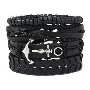 ブレスレット メンズ 男性用 ハンドメイド 編み込み 多重 レザー 4点セット レトロ 欧米風 ファッション 個性的 アンカーモチーフ リング ブラック アクセサリー