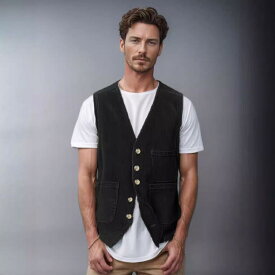 ベスト メンズ 春秋 コーデュロイ シングルボタン Vネック ポケット 切り替え デザイン ジレ カジュアルスタイル ポリエステル ストレートシルエット 男性用 トップス 黒色 紺色 ミリタリーグリーン