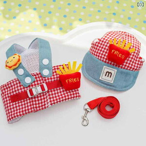 ペット用 犬用 ペット服 春夏 お出かけ かわいい カートゥーン風 帽子 ハーネス リード 3点セット 胴輪 引き紐 おしゃれ マスコット 迷子防止 小型犬 中型犬 お散歩グッズ