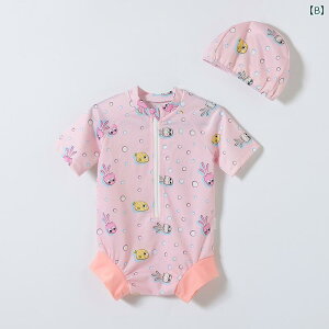 水着 ベビー 男女兼用 速乾 通気性 半袖 ワンピース キャップ付き 新生児 幼児 再生繊維 ポリエステル スイムウェア 温泉 プール 海水浴 ビーチ ブルー ピンク かわいい