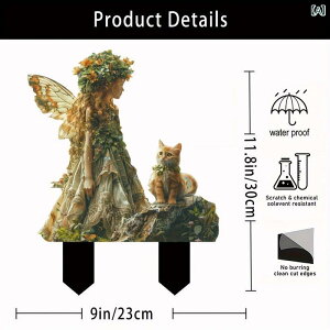 ガーデンピック アクリル製 かわいい 妖精の女の子と猫 おしゃれな庭飾り 鉢植え プランター用 屋外 芝生 エントランスデコレーション カントリー風 オーナメント(x2)
