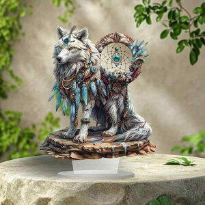インテリア 威厳ある白い狼 ドリームキャッチャー アクリル製 アートパネル 卓上 リビング オフィス 壁掛け 置物 オブジェ アメリカンカントリー ギフト(x2)