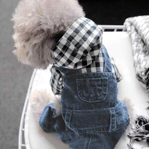 犬用ウェア ドッグウェア 小型犬用 トイプードル 厚手 保温 防寒 裏起毛 四脚服 サロペット オーバーオール かわいい デニム ポリエステル 青色チェック 秋冬 お散歩 お出かけ