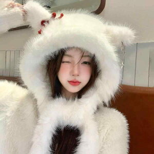 帽子 レディース 防寒 あったか 耳あて ふわふわ フェイクファー マフラー一体型 ニット かわいい きつね耳 秋冬 学生 カジュアル スイート ホワイト ベージュ カーキ(x2)