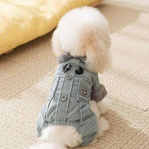 犬服 小型犬 グレー コーデュロイ スクエアポケット 四足 オールインワン 秋冬 厚手 暖か 防寒 お散歩 お出かけ リードフック付き ドッグウェア