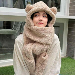 帽子 レディース 秋冬 防寒 保温 あったか もこもこ ボア くま耳 フード マフラー ネックウォーマー 一体型 3WAY かわいい 韓国風