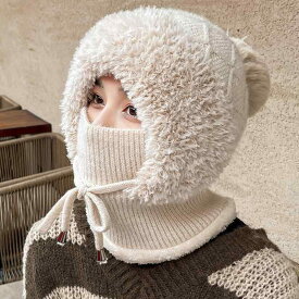 ニット帽 レディース 裏起毛 防寒 保温 防風 マフラー一体型 サイクリング バイク 自転車 ニット もこもこ アクリル あったか かわいい 韓国風
