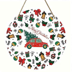 クリスマスオーナメント 黄楊木製 円形 かわいい ミニカーモチーフ 現代シンプル 玄関 リビング 壁飾り 室内装飾 インテリア雑貨 飾りプレート デコレーション サイン(x2)