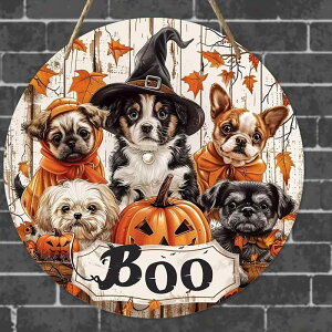 ウォールデコレーション ハロウィン 魔女 猫 犬 モチーフ 木製 円形 サインプレート おしゃれ かわいい 室内装飾 玄関 リビング 壁掛け インテリア オーナメント(x2)