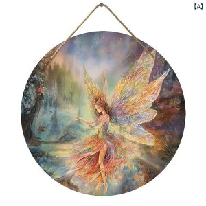 ウォールデコレーション 木製 妖精 ドアプレート 丸型 黄楊木 おしゃれ インテリア雑貨 壁飾り オーナメント 玄関 リビング 子供部屋 モダンデザイン かわいい 円形サイン(x2)