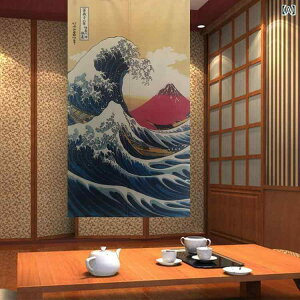 のれん 和風 厚手 熱転写プリント 布製 ファブリック 神奈川沖浪裏柄 リビング 寝室 ダイニング 間仕切り 目隠し 幅85cm 丈150cm 赤 白 おしゃれ(x2)