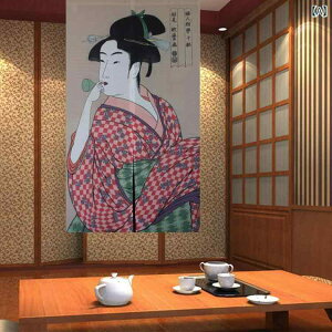 のれん 日式 ファブリック デジタル 熱転写プリント 歌麿 美人画 間仕切り 目隠し ロング丈 幅85cm 丈150cm 寝室 レストラン 居間(x2)