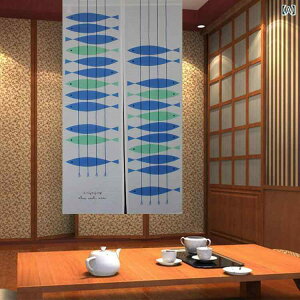 のれん 和風 和モダン 布製 厚手 デジタルプリント 魚柄 フィッシュ柄 かわいい 目隠し 間仕切り 寝室 ダイニング リビング ブルー カフェブラウン 2色(x2)