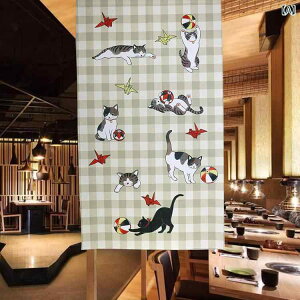 のれん 目隠し 間仕切り 和風 布製 デジタルプリント 格子柄 猫柄 一枚式 幅85cm 丈150cm 寝室 ダイニング リビング(x2)