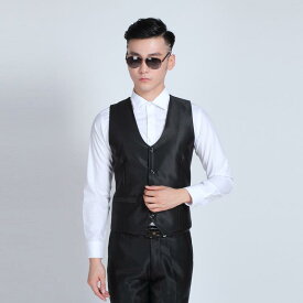 ベスト メンズ スリムフィット 細身 Vネック シングルボタン 光沢ブラック 黒 ポリエステル混紡 秋冬 フォーマル ビジネス スーツ セレモニー 結婚式 パーティー 通勤 オフィス 欧米風 スタイリッシュ ジレ