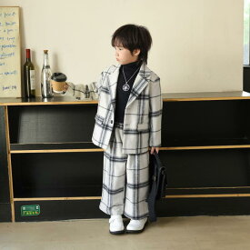 セットアップ 男の子 キッズ 秋冬 フォーマルスーツ ウール調 ソフト肌触り シングルブレスト ジャケット パンツ 韓国風 発表会 結婚式 七五三 卒園式 入学式 イベント フラワーボーイ 衣装 ブラック 格子柄 90cm 160cm