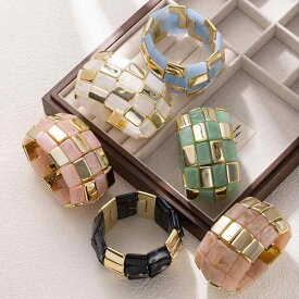ブレスレット レディース バングル 手首飾り アクリル 欧米風 レトロ 大ぶり マーブル 伸縮性 高級感 個性的 チェッカーボード柄
