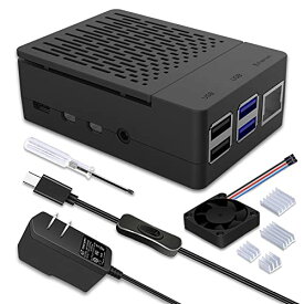 [マラソン期間中ポイント5倍]GeeekPi Raspberry Pi 4ケースRaspberry Pi 4 5V 3A USB-C電源 PSE取得 アダプター+ 40x40x10mm PWM冷却ファン+ 4個のヒートシンク、Raspberry Pi 4 Model bに適合