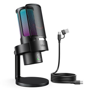 FIFINE USB�R���f���T�[�}�C�N �P��w���� �o������ ���w���� �X�e���I�w���� PC�}�C�N �~���[�g�{�^�� ���ʒ��� RGB���C�e�B���O �f�X�N�g�b�v�X�^���h�t�� PC/PS4/PS5�Ή� �^�� Web��c �e�����[