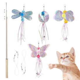 猫用おもちゃ 猫じゃらし 版 4点セット 釣り竿付き チョウチョ ミツバチ トンボ 甲虫 SONGWAY