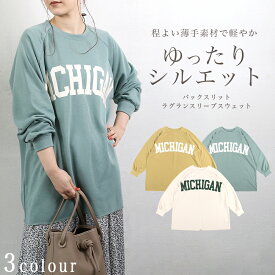 【在庫売り尽くし最大半額クーポン！1/31 23:59まで】トレーナー スウェット プルオーバー レディース トップス ロゴ バックスリット クルーネック 長袖 春 秋 オーバーサイズ ゆったり チュニック 体型カバー アイボリー イエロー グリーン