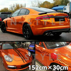 カーラッピングシート152cm×30cm 高品質鏡面メッキオレンジ カーラッピングフィルム 耐熱耐水曲面対応裏溝付 カッティングシート