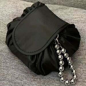 巾着型 コスメポーチ 洗える 化粧ポーチ 開くとフラット メイクポーチ 大容量 ビーズストラップ付き トラベルポーチ 収納 おしゃれ 旅行 携帯用 仕切り付き かわいい コンパクト 北欧風 シ