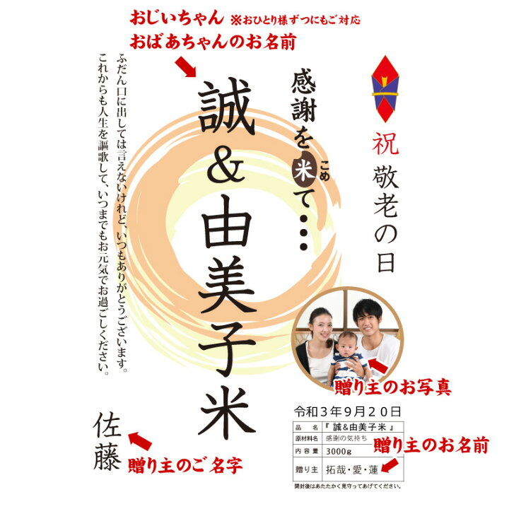 楽天市場 敬老の日 ギフト 敬老の日米 約3kg 名入れギフト 可愛い 抱っこ お米 ギフト サプライズギフト サンキューギフト プレゼント お爺ちゃん おじいちゃん お婆ちゃん おばあちゃん 祖父 祖母 孫 写真入り 玄米 Rice 米 名入れ対応 人気 オリジナルギフト クーポン