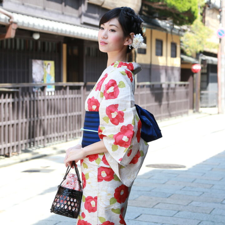 楽天市場 浴衣 セット レディース レトロ 高級綿麻浴衣3点セット 生成り地に赤と白の椿 浴衣 古典柄 浴衣セット 椿 可愛い モダン 赤 クリーム 洋服 小物 なでしこ