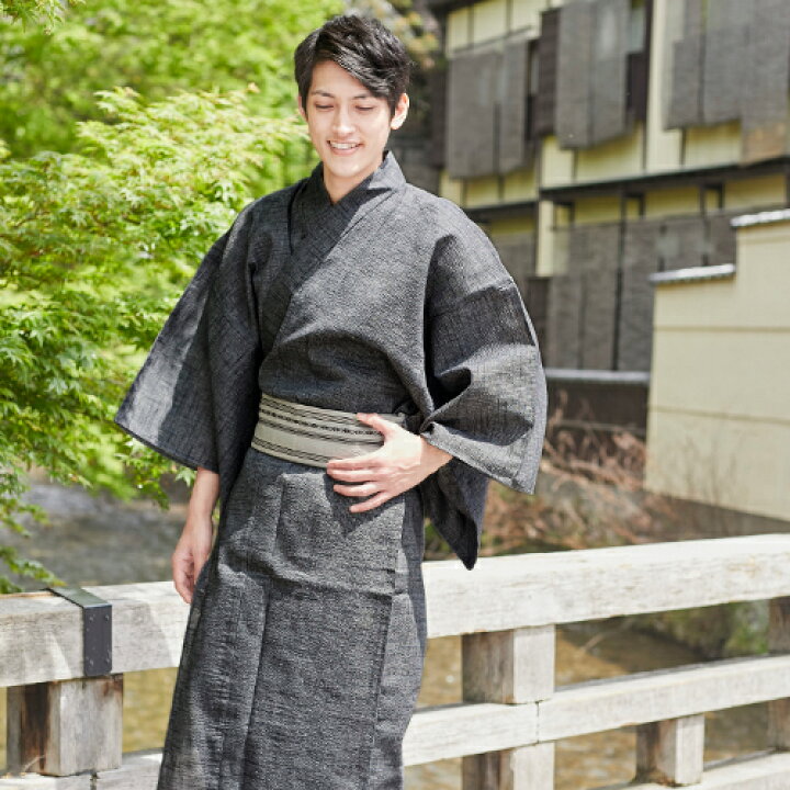 浴衣 メンズ 男物綿麻浴衣3点セット 濃グレー地に黒白の縦縞 洋服・小物 なでしこ