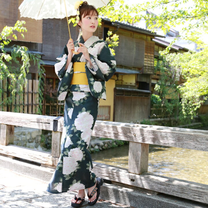 楽天市場 最大1000円offクーポン 浴衣 レディース 単品 レトロ 新作 高級変わり織り綿浴衣単品 深緑地に白の紫陽花 浴衣 紺 白 紫陽花 レディース 古典柄 大人 しっとり 洋服 小物 なでしこ