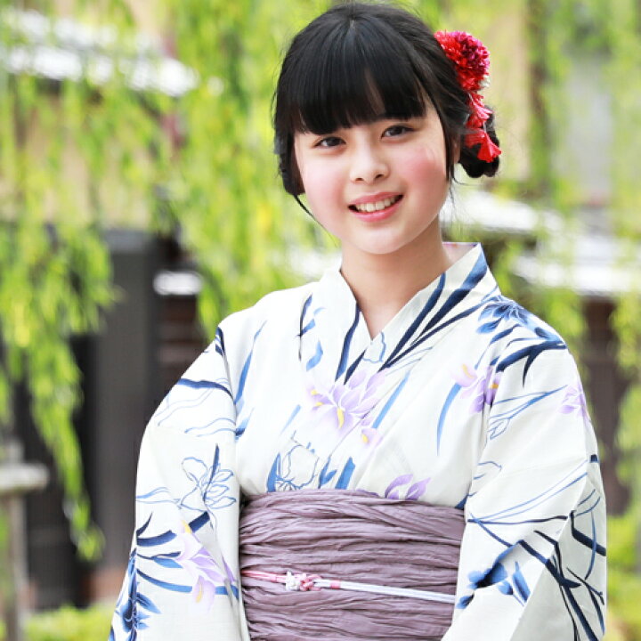 楽天市場 浴衣 セット ジュニア レディース 変わり織り綿浴衣３点セット クリーム地に紫 紺の菖蒲 へこ帯 Sサイズ 22 浴衣セット ジュニア 子供 レトロ モダン 150cm 140cm 洋服 小物 なでしこ