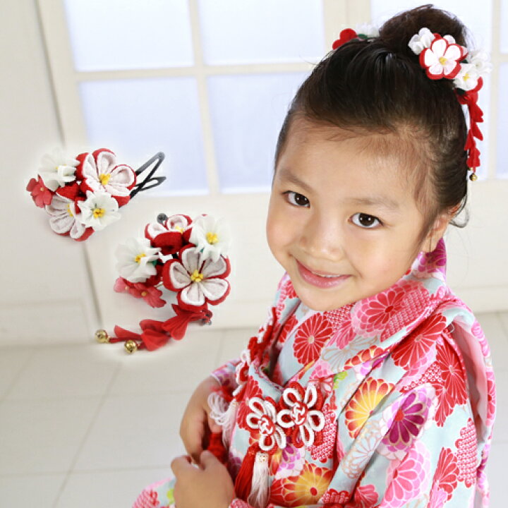 楽天市場 七五三 女の子用 紅白の花モチーフ 髪飾り 2点セットセット ちりめん 三歳 七歳 洋服 小物 なでしこ