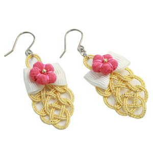 京あそび 日本製 ちりめん梅・リボンと編み紐フックピアス 卒業式 袴 成人式 結婚式 振袖 フックピアス ピアス アクセサリー 和風 和装 レトロ シンプル 花 ブライダル 金 銀 緑 ピンク 水色