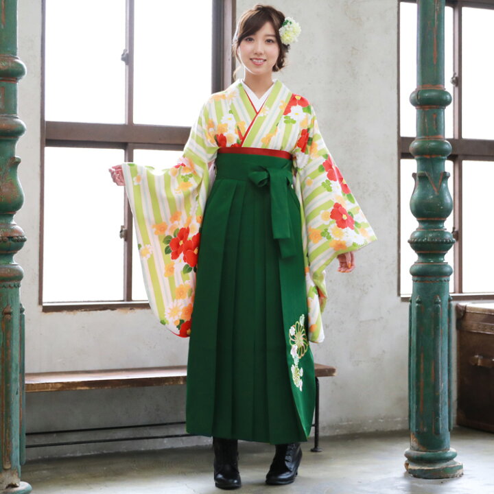 販売 卒業式 袴 ブーツ付き16点フルセット 購入 女性 袴セット 卒業式袴セット 2尺袖着物 袴 黄緑・クリーム・水色の縞と赤椿と梅・菊 ブーツ レトロ モダン 大学 販売 安い zu 着物・浴衣 なでしこぴーす