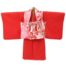 【レンタル】祝着 1歳 女の子 着物 二部式着物 被布セット「赤無地着物にピンク被布（桜と蝶）」ひな祭り 衣装 初節句