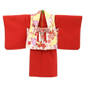 【レンタル】 祝着 1歳 女の子 着物 二部式着物 被布セット「赤無地着物に黄色被布（桜と蝶）」ひな祭り 衣装 往復送料無料 初節句