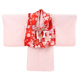 【レンタル】 祝着 1歳 女の子 着物 二部式着物 被布セット「ピンク無地着物に赤被布（桜と蝶）」ひな祭り 衣装 初節句